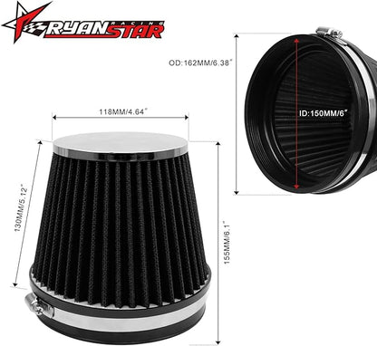 RYANSTAR 152mm 6" High Flow Round Tapered Cone Closed-Top Washable Clamp-On Dry Air Filter short 155mm tall Black