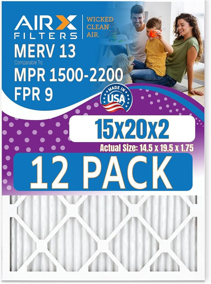 15x20x2 Air Filter MERV 13 Rating, 12 Pack of Furnace Filters Comparable to MPR 1500-2200 & FPR 9 - Made in USA by AIRX FILTERS WICKED CLEAN AIR.