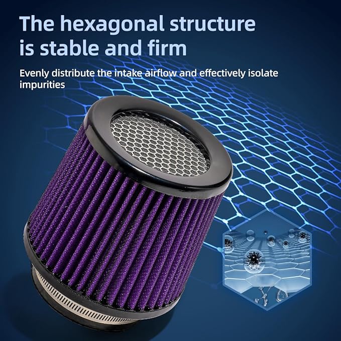 3" 3.5" 4" Inlet Car Replacement Cold Air Intake Filter 76mm 89mm 102mm 3 Sizes in 1 High Flow Performance Cone Air Filter (Purple)