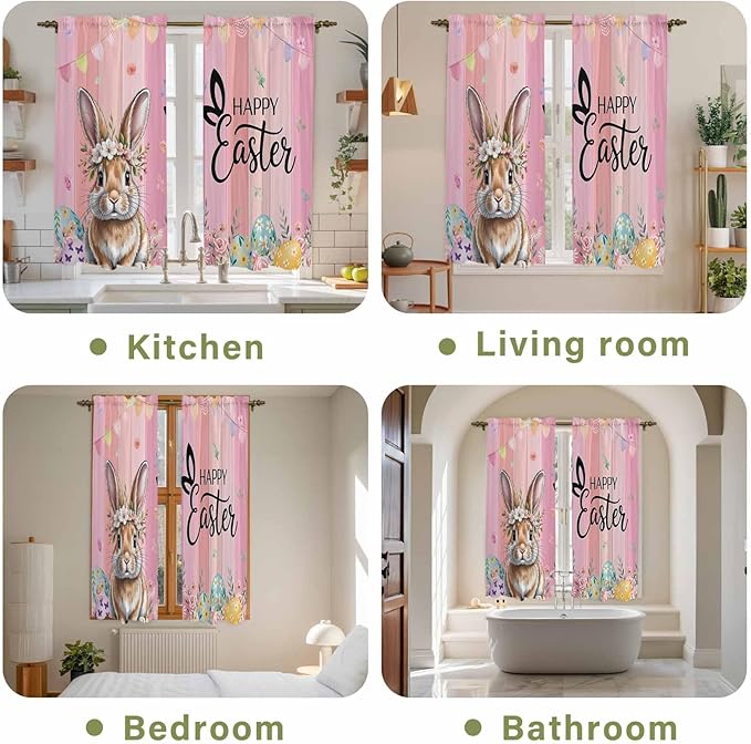 Easter Kitchen Curtains, Spring Rabbit Eggs Flowers Flags Leaves Wood Grain Light Filtering Window Curtain Panels, 2Pcs Rod Pocket Window Treatments Set for Living Room Bathroom Bedroom 42x63 Inches