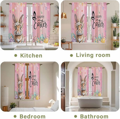 Easter Kitchen Curtains, Spring Rabbit Eggs Flowers Flags Leaves Wood Grain Light Filtering Window Curtain Panels, 2Pcs Rod Pocket Window Treatments Set for Living Room Bathroom Bedroom 42x63 Inches