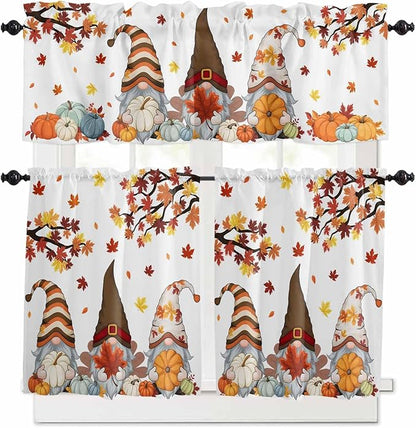 Fall Kitchen Curtain Set, Orange Yellow Thanksgiving Maple Leaf Gnomes Pumpkin Window Valance and Tiers 24" Length, Light Filtering Short Curtains Valance for Cafe Bathroom Bedroom 54"x18"