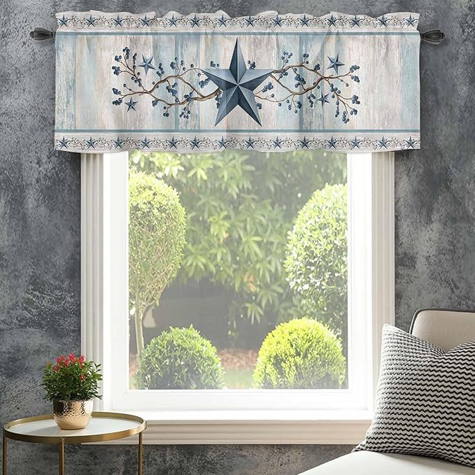 Texas Star Blue Curtain Valances for Windows, Kitchen Valance Window Treatment, Farmhouse Country Branches Wooden Grain Light Filtering Block Curtains for Bathroom/Bedroom/Living Room 42'' x 18''