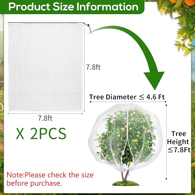 2PCS 7.8 x 7.8ft Large Fruit Tree Netting Cover with Zipper and Drawstring,Garden Insect Netting Plant Cover Transparent Bird Plant Barrier Flower Fruit Mesh Screen for Preventing Deer Squirrel Bug