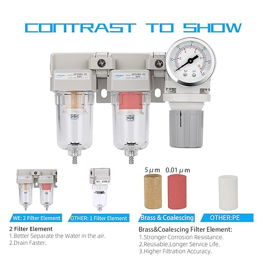 NANPU 1/4" NPT Air Drying System - 5 Micron Particulate Filter, 0.01 Micron Coalescing Filter, Air Pressure Regulator Combo - Semi-Auto Drain, Poly Bowl w/Metal Gauge