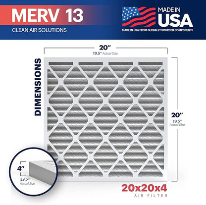 BNX TruFilter 20x20x4 (19.5’’ x 19.5’’ x 3.63‘’ Slim Fit) MERV 13 Air Filter (2-Pack) - MADE IN USA - Air Conditioner HVAC AC Furnace Filters Health, Allergies, Mold, Bacteria, Smoke, MPR 1900 FPR 10