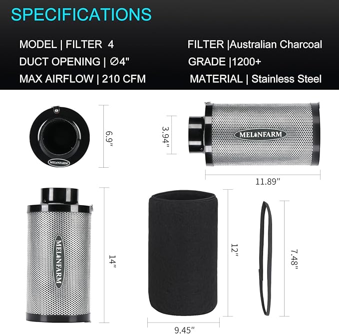 MELONFARM 4 inch Air Carbon Filter Smelliness Control with Australia Virgin Charcoal, Built-in 14cm Fan Low Nois and Speed Controller for Inline Duct Fan, Grow Tent, Vent Cover & Pre-Filter Included