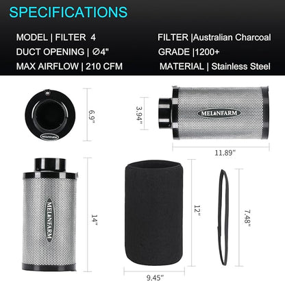 MELONFARM 4 inch Air Carbon Filter Smelliness Control with Australia Virgin Charcoal, Built-in 14cm Fan Low Nois and Speed Controller for Inline Duct Fan, Grow Tent, Vent Cover & Pre-Filter Included