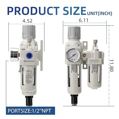 1/2" Auto-Drain FRL Assembly - Professional Grade Compressed Air Conditioner with Cyclonic Separation | 0-150 PSI Operating Range | CNC-Machined Body