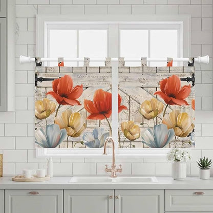 Retro Floral Kitchen Curtains 24 Inch Length, Small Window Curtains Tab Top, Red Yellow Tulips Barm Doors Farmhouse Wooden Light Filtering Short Window Treatments Tier Drapes 27.5"x24" 2 Panel