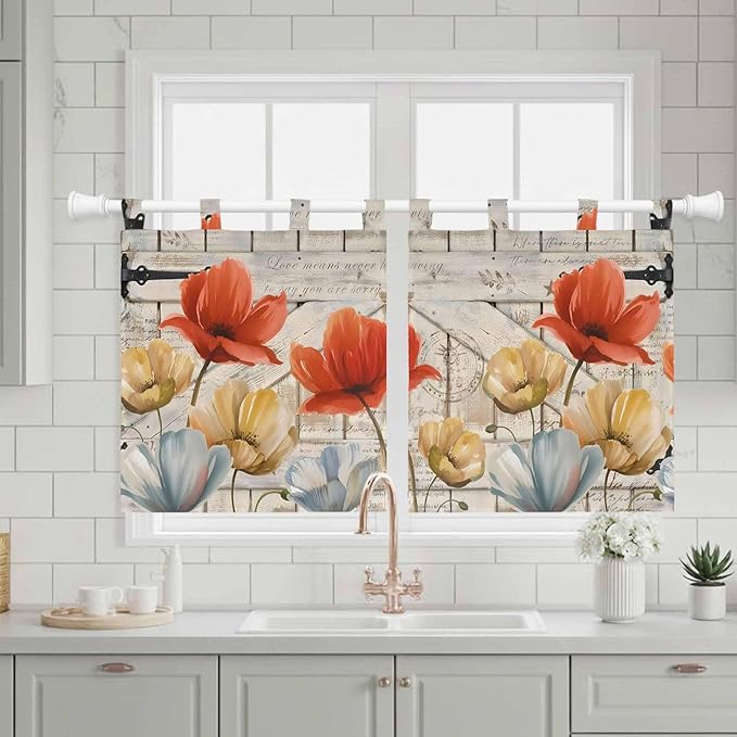 Retro Floral Kitchen Curtains 36 Inch Length, Small Window Curtains Tab Top, Red Yellow Tulips Barm Doors Farmhouse Wooden Light Filtering Short Window Treatments Tier Drapes 27.5"x36" 2 Panel