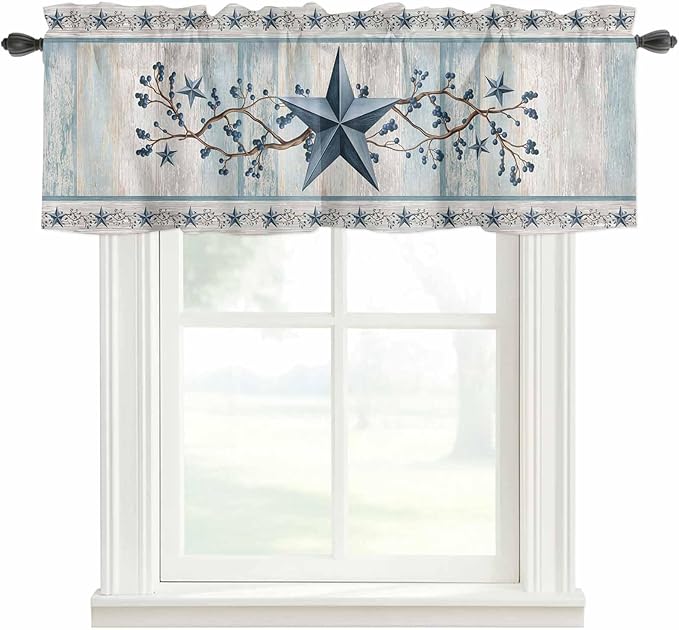 Texas Star Blue Curtain Valances for Windows, Kitchen Valance Window Treatment, Farmhouse Country Branches Wooden Grain Light Filtering Block Curtains for Bathroom/Bedroom/Living Room 42'' x 12''