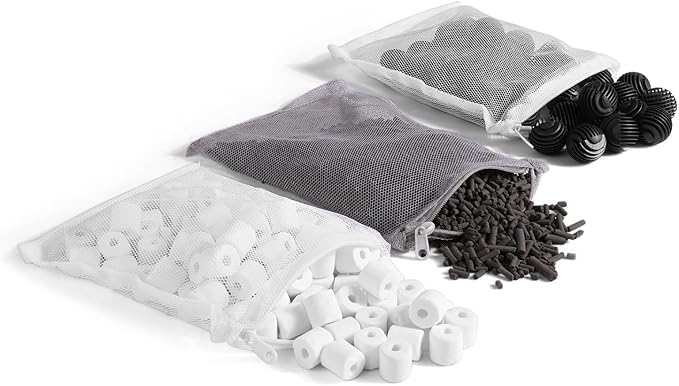 Flexzion Fish Tank Filter Media - Bio Balls for Aquarium Filter, Ceramic Rings & Activated Carbon Pellets in Mesh Bags - Biological, Chemical, & Mechanical Filtration Freshwater & Saltwater Aquariums