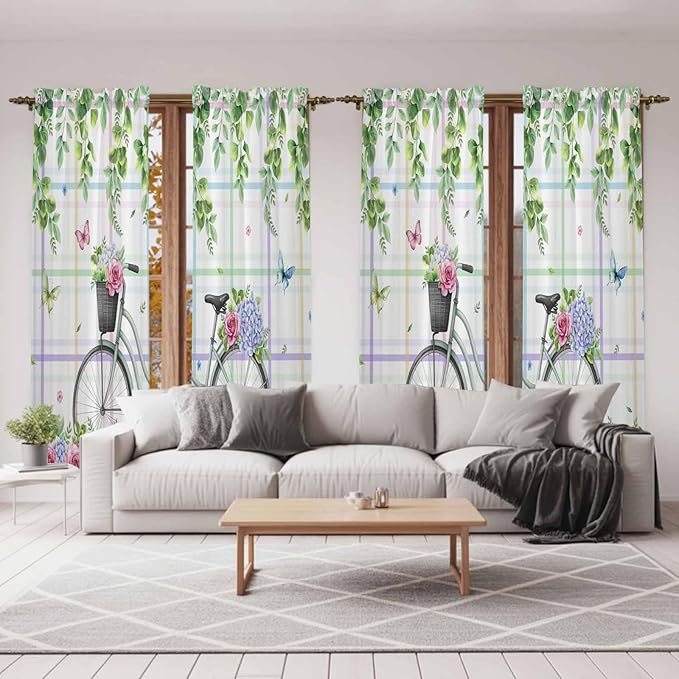 Spring Kitchen Curtains, Bicycles Botanical Leaves Rose Colorful Stripes Light Filtering Window Curtain Panels, 2Pcs Rod Pocket Window Treatments Set for Living Room Bathroom Bedroom 52x72 Inches