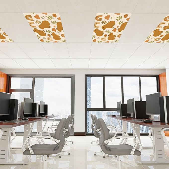 6 Pcs Fluorescent Light Covers for Ceiling Lights Cute Capybara Gifts Rainbows Leaves Abstract Shapes Earth Tones Decorative Magnets Light Filters for Office Home Classroom Must Haves 4’ x 2’