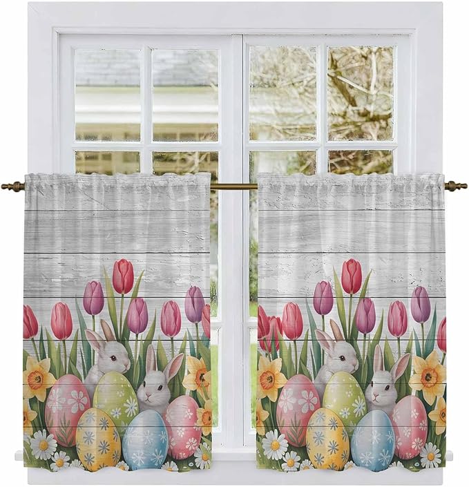 Easter Kitchen Tier Curtains 45 Inch Long 2 Panel Set,Rod Pocket Short Window Treatment,Retro Spring Bunny Eggs Tulip Farm Wooden Grain Light Filtering Curtains & Drapes for Bathroom 27.5"W x 45"L