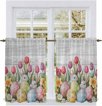 Easter Kitchen Tier Curtains 45 Inch Long 2 Panel Set,Rod Pocket Short Window Treatment,Retro Spring Bunny Eggs Tulip Farm Wooden Grain Light Filtering Curtains & Drapes for Bathroom 27.5"W x 45"L