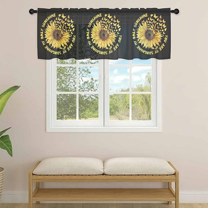 YOU ARE MY SUNSHINE Sheer Valance Curtains, Summer Sunflowers Golden Gradient Butterflies Light Filtering Kitchen Valances Rod Pocket Voile Curtain Treatment for Bedroom/Living Room/Basement 60Wx18L