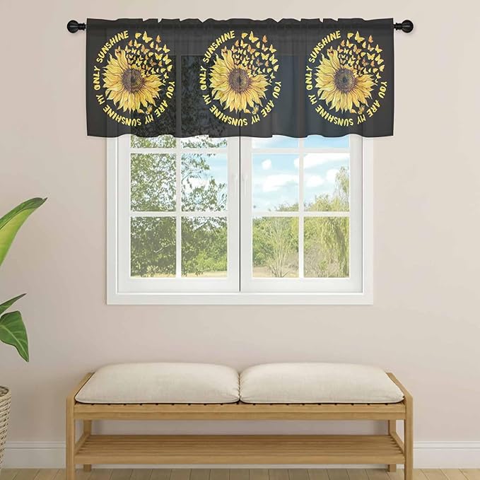 YOU ARE MY SUNSHINE Sheer Valance Curtains, Summer Sunflowers Golden Gradient Butterflies Light Filtering Kitchen Valances Rod Pocket Voile Curtain Treatment for Bedroom/Living Room/Basement 54Wx18L