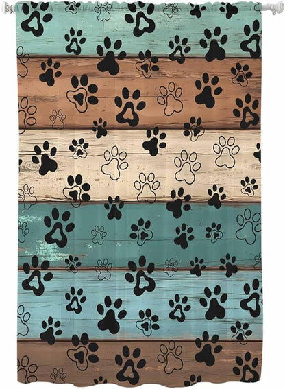 Sheer Curtains 72 Inches Long, Green Brown Paw Print Semi Sheer Curtains Light Filtering Window Treatment, Vintage Farmhouse Country Wooden Grain Privacy Voile Drapes for Living Room 52x72 Inch