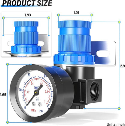 TAILONZ PNEUMATIC 5-in-1 1/4 Inch NPT AR2000 Mini Pressure Regulator Kit for Compressed Air Systems, Adjust 0 to 145 Psi