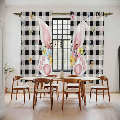 Easter Window Curtains 72 Inch Long 2 Panel Set,Rod Pocket Long Curtains & Drapes,Spring Rabbits Ears Feet Wildflowers Black Plaid Light Filtering Window Treatment for Bedroom Living Room 52"W x 72"L