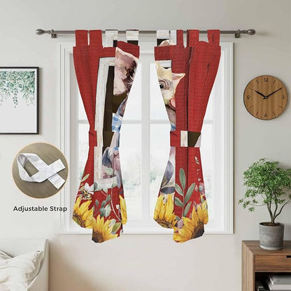 Pig Sunflowers Bedroom Curtains 72 Inch Length, Window Curtains Tab Top, Eucalyptus Leaves Floral Bees Red Barn Light Filtering Window Treatments Drapes 52"x72" 2 Panel