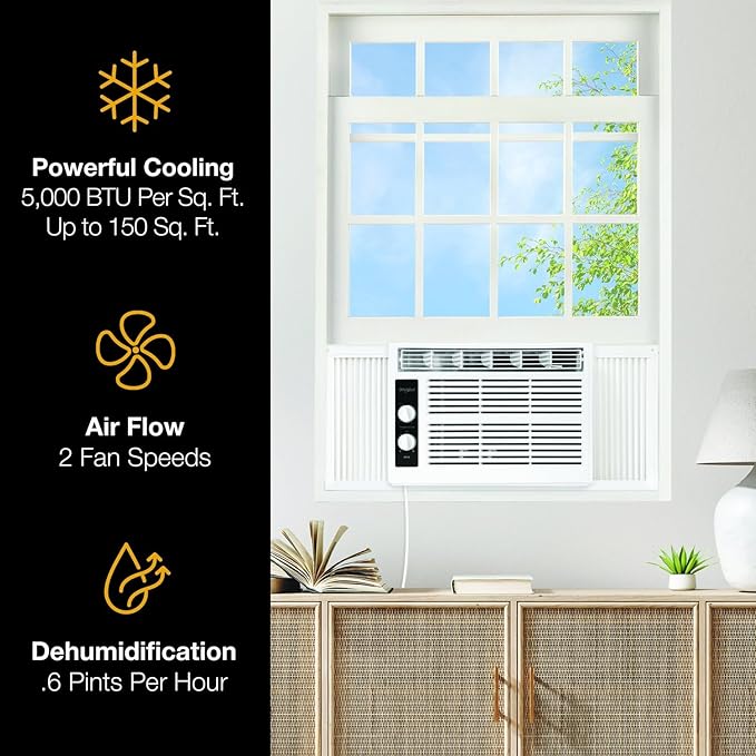 Whirlpool 5,000 BTU 115V Window Air Conditioner & Dehumidifier with Mechanical Controls, Window AC Unit for Apartment, Dorm Room, & Small Rooms up to 150 Square Feet in White