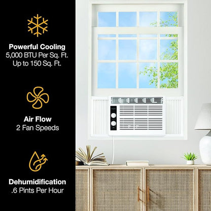 Whirlpool 5,000 BTU 115V Window Air Conditioner & Dehumidifier with Mechanical Controls, Window AC Unit for Apartment, Dorm Room, & Small Rooms up to 150 Square Feet in White