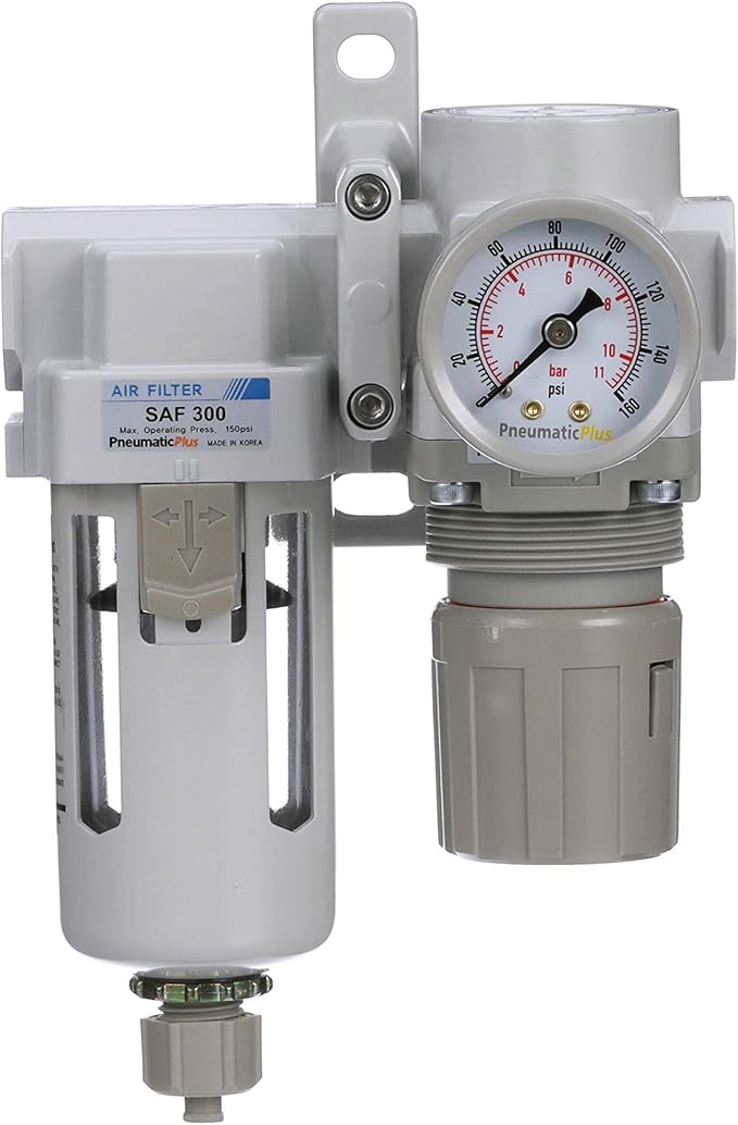 PneumaticPlus SAU320-N03G Compressed Air Filter Regulator Combo 3/8" NPT - Poly Bowl, Manual Drain, Bracket, Gauge