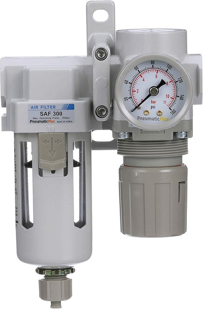 PneumaticPlus SAU320-N03G Compressed Air Filter Regulator Combo 3/8" NPT - Poly Bowl, Manual Drain, Bracket, Gauge