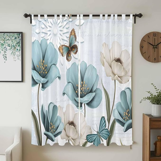 Blue Tulips Living Room Curtains 96 Inch Length, Window Curtains Tab Top, Watercolor Flowers Butterfly Spring Farmhouse Blue Light Filtering Window Treatments Drapes 52"x96" 2 Panel