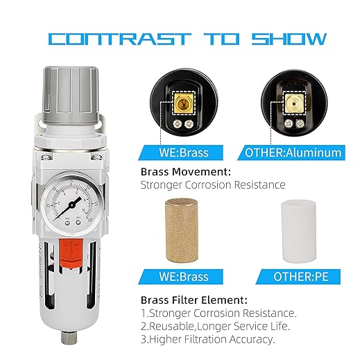 NANPU 1/2" NPT Compressed Air Filter Regulator Combo Piggyback, 5 Micron Brass Element, Poly Bowl, Semi-Auto Drain, Metal Bracket, 0-150 psi Gauge