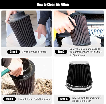 RYANSTAR 152mm 6" High Flow Round Tapered Cone Closed-Top Washable Clamp-On Dry Air Filter short 155mm tall Black