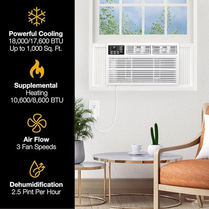 Whirlpool 18,000 BTU 230V Window Air Conditioner with Supplemental Heat, Window Mounted AC Unit with Heater for Apartment, Living Room, Bedroom, Large Rooms up to 1000 Square Feet