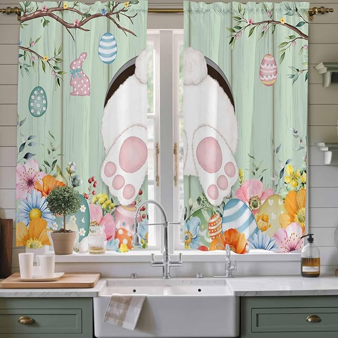 Easter Window Curtains 63 Inch Long 2 Panel Set, Rod Pocket Bedroom Curtains & Drapes, Spring Watercolor Bunny Eggs Wooden Grain Green Light Filtering Window Treatment for Living Room 42"W x 63"L