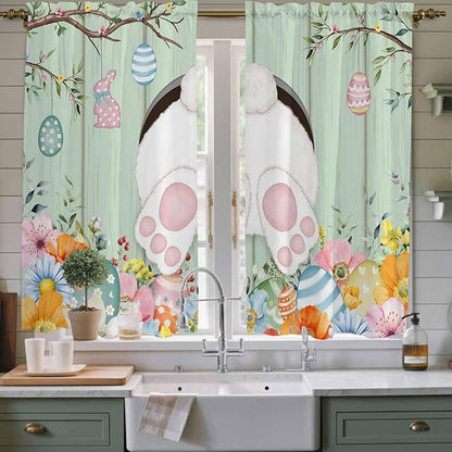 Easter Window Curtains 63 Inch Long 2 Panel Set, Rod Pocket Bedroom Curtains & Drapes, Spring Watercolor Bunny Eggs Wooden Grain Green Light Filtering Window Treatment for Living Room 42"W x 63"L