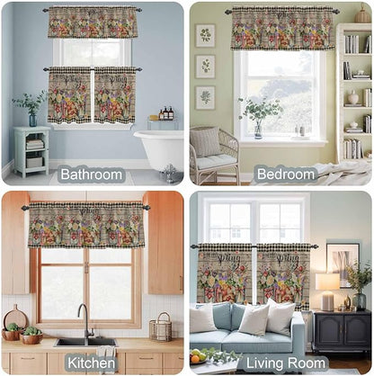 Spring Flowers Kitchen Curtain Set, Farmhouse Vintage Black Plaid Wood Grain Window Valance and Tiers 24" Length, Light Filtering Short Curtains Valance for Cafe Bathroom Bedroom 54"x18"