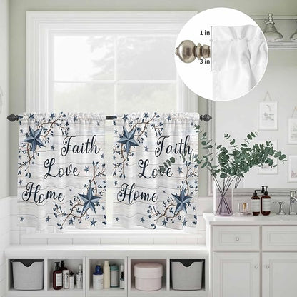 Farmhouse Kitchen Curtains Set 3 Piece for Windows,Rod Pocket Valance and Tier Set 36 Inch Length,Blue Country Texas Star Vintage Berries Wooden Light Filtering Cafe Curtains for Living Room