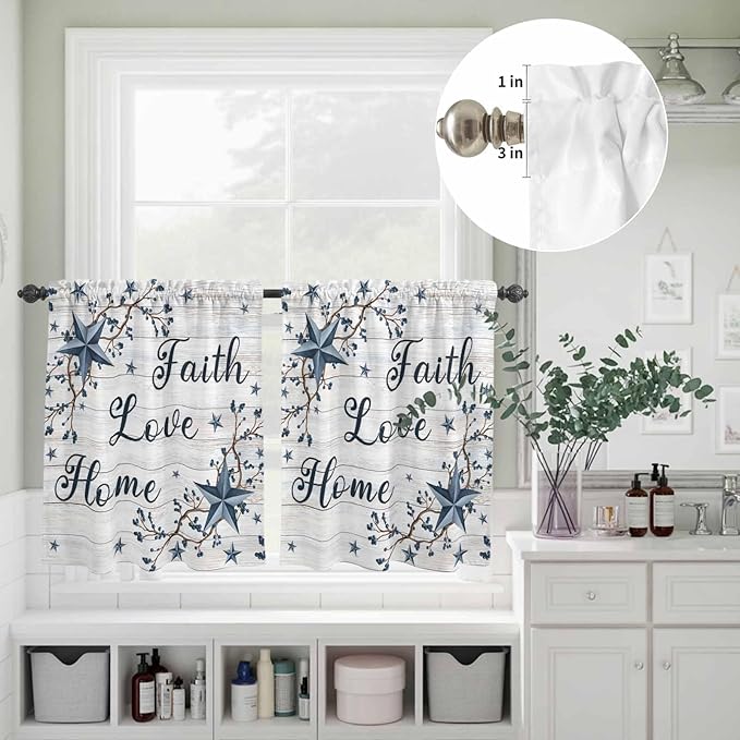 Kitchen Curtains Tiers and Valance Set of 3, Farmhouse Light Filtering Window Curtain Set, Blue Country Texas Star Vintage Berries Wooden Rod Pocket Curtain Drapes for Living Room, 36 Inches Tiers