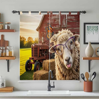 Farm Sheep Bathroom Curtains 63 Inch Length, Window Curtains Tab Top, Farmhouse Barn Funny Animals Butterfly Light Filtering Window Treatments Drapes 52"x63" 2 Panel