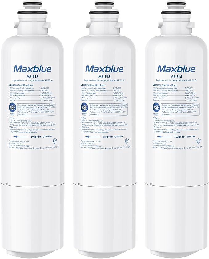 Maxblue BORPLFTR50 Replacement for Bosch® Ultra Clarity® Pro 11032531, 12033030, 11025825, BORPLFTR55, B36CD50SNS, B36CT80SNS, B36CL80ENS, B36FD50SNS, WFC100MF, Refrigerator Water Filter, 3 Filter