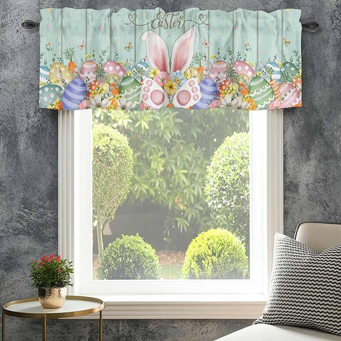 Easter Curtain Valances for Windows, Kitchen Valance Window Treatment, Spring Rabbit Ear Eggs Floral Green Wooden Grain Light Filtering Block Curtains for Bathroom/Bedroom/Living Room 42'' x 12''