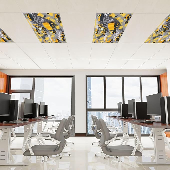 4 Pcs Fluorescent Light Covers for Ceiling Lights Yellow Construction Vehicles Excavators Cranes Trucks Gray Decorative Magnets Light Filters for Office Home Classroom Must Haves 4’ x 2’