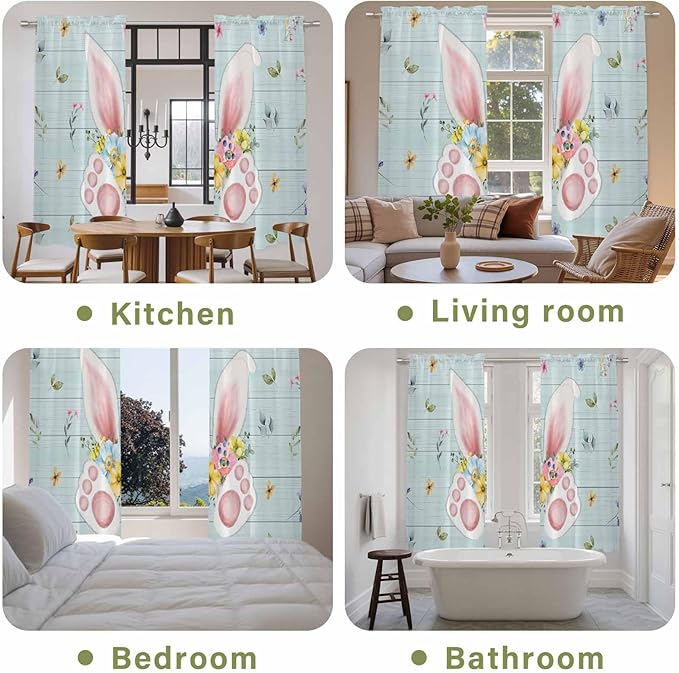 Easter Window Curtains 72 Inch Long 2 Panel Set, Rod Pocket Long Curtains & Drapes, Spring Rabbits Ears Feet Flowers Wooden Grain Light Filtering Window Treatment for Bedroom Living Room 52"W x 72"L