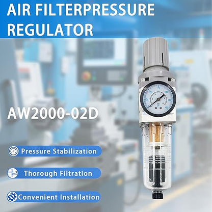 XingNEeng 1/4" NPT Compressed Air Filter Regulator Combo Piggyback, Water/Oil Trap Separator with Pressure Gauge(0-150 psi), Auto Drain, Poly Bowl, 5 Micron Brass Element, Metal Bracket