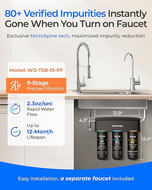 Waterdrop TSB-PF Under Sink Water Filter, 𝐑𝐞𝐝𝐮𝐜𝐞𝐬 𝟖𝟎+ 𝐈𝐦𝐩𝐮𝐫𝐢𝐭𝐢𝐞𝐬-PFAS, Chlorine, Chloramine, Fluoride, Taste&Odor, 9 Layer Under Sink Water Filtration System,with A Separate Faucet