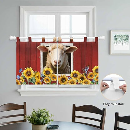 Sheep Sunflower Kitchen Curtains 36 Inch Length, Small Window Curtains Tab Top, Country Red Farm Barn Spring Flowers Light Filtering Short Window Treatments Tier Drapes 27.5"x36" 2 Panel