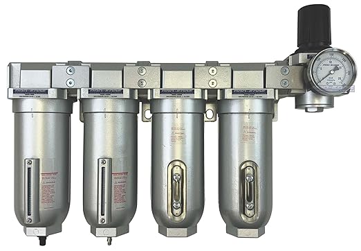 1/2" NPT Industrial (5-Stage) Moisture Removing Particulate Filter and Oil Removing Coalescing Filter and Two Desiccant Air Dryers and Air Pressure Regulator