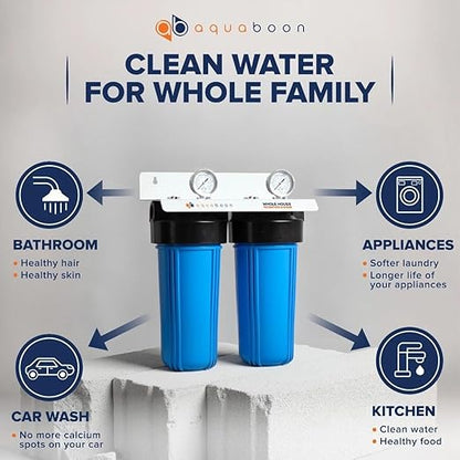 Aquaboon 2-Stage Whole House Water Filter System with 5 Micron 10x4.5 Sediment/Anti-Scale and KDF Heavy Metals Water Filter Purification Cartrige, Pressure Gauges, Wrench, Bracket